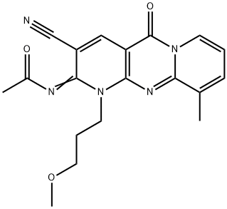 N-[(2E)-3-cyano-1-(3-methoxypropyl)-10-methyl-5-oxo-1,5-dihydro-2H-dipyrido[1,2-a:2',3'-d]pyrimidin-2-ylidene]acetamide 结构式