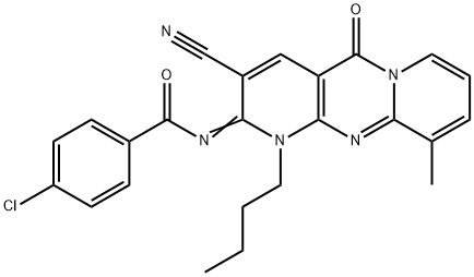 N-(1-butyl-3-cyano-10-methyl-5-oxo-1,5-dihydro-2H-dipyrido[1,2-a:2,3-d]pyrimidin-2-ylidene)-4-chlorobenzamide 化学構造式