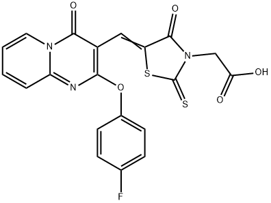 [(5Z)-5-{[2-(4-fluorophenoxy)-4-oxo-4H-pyrido[1,2-a]pyrimidin-3-yl]methylidene}-4-oxo-2-thioxo-1,3-thiazolidin-3-yl]acetic acid Struktur