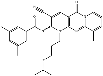 N-[3-cyano-1-(3-isopropoxypropyl)-10-methyl-5-oxo-1,5-dihydro-2H-dipyrido[1,2-a:2,3-d]pyrimidin-2-ylidene]-3,5-dimethylbenzamide,846584-21-2,结构式