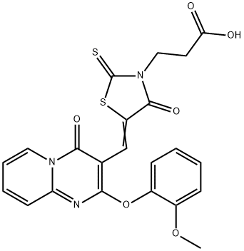 3-[(5Z)-5-{[2-(2-methoxyphenoxy)-4-oxo-4H-pyrido[1,2-a]pyrimidin-3-yl]methylidene}-4-oxo-2-thioxo-1,3-thiazolidin-3-yl]propanoic acid Struktur