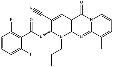N-(3-cyano-10-methyl-5-oxo-1-propyl-1,5-dihydro-2H-dipyrido[1,2-a:2,3-d]pyrimidin-2-ylidene)-2,6-difluorobenzamide Struktur