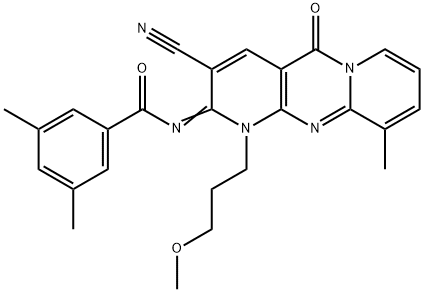 N-[3-cyano-1-(3-methoxypropyl)-10-methyl-5-oxo-1,5-dihydro-2H-dipyrido[1,2-a:2,3-d]pyrimidin-2-ylidene]-3,5-dimethylbenzamide Struktur