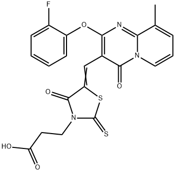 3-[(5Z)-5-{[2-(2-fluorophenoxy)-9-methyl-4-oxo-4H-pyrido[1,2-a]pyrimidin-3-yl]methylidene}-4-oxo-2-thioxo-1,3-thiazolidin-3-yl]propanoic acid Struktur