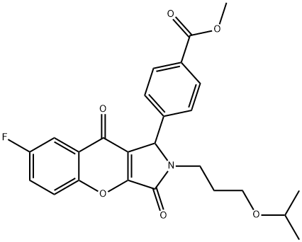methyl 4-[7-fluoro-2-(3-isopropoxypropyl)-3,9-dioxo-1,2,3,9-tetrahydrochromeno[2,3-c]pyrrol-1-yl]benzoate 化学構造式