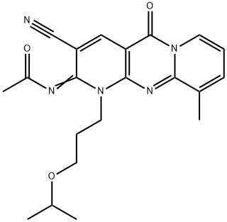 N-{(2E)-3-cyano-10-methyl-5-oxo-1-[3-(propan-2-yloxy)propyl]-1,5-dihydro-2H-dipyrido[1,2-a:2',3'-d]pyrimidin-2-ylidene}acetamide Struktur