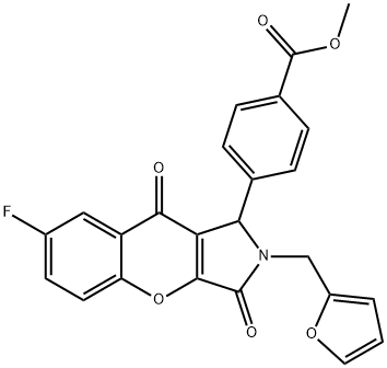 methyl 4-[7-fluoro-2-(2-furylmethyl)-3,9-dioxo-1,2,3,9-tetrahydrochromeno[2,3-c]pyrrol-1-yl]benzoate 化学構造式