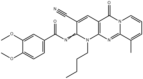 N-(1-butyl-3-cyano-10-methyl-5-oxo-1,5-dihydro-2H-dipyrido[1,2-a:2,3-d]pyrimidin-2-ylidene)-3,4-dimethoxybenzamide 结构式