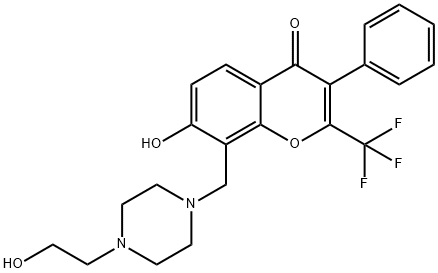 7-hydroxy-8-{[4-(2-hydroxyethyl)piperazin-1-yl]methyl}-3-phenyl-2-(trifluoromethyl)-4H-chromen-4-one 化学構造式