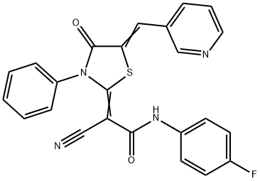 2-cyano-N-(4-fluorophenyl)-2-[4-oxo-3-phenyl-5-(3-pyridinylmethylene)-1,3-thiazolidin-2-ylidene]acetamide Struktur