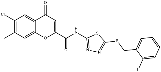 6-chloro-N-{5-[(2-fluorobenzyl)sulfanyl]-1,3,4-thiadiazol-2-yl}-7-methyl-4-oxo-4H-chromene-2-carboxamide,873080-79-6,结构式