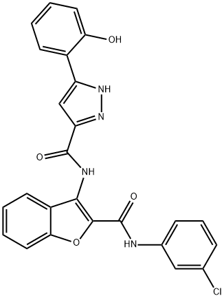 N-{2-[(3-chlorophenyl)carbamoyl]-1-benzofuran-3-yl}-5-(2-hydroxyphenyl)-1H-pyrazole-3-carboxamide,879458-04-5,结构式