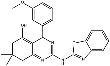 2-(benzo[d]oxazol-2-ylimino)-4-(3-methoxyphenyl)-7,7-dimethyl-2,3,4,6,7,8-hexahydroquinazolin-5-ol 化学構造式