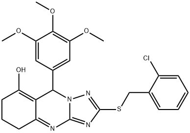 2-((2-chlorobenzyl)thio)-9-(3,4,5-trimethoxyphenyl)-5,6,7,9-tetrahydro-[1,2,4]triazolo[5,1-b]quinazolin-8-ol Struktur