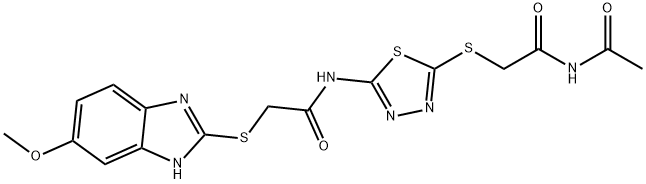 N-(5-{[2-(acetylamino)-2-oxoethyl]sulfanyl}-1,3,4-thiadiazol-2-yl)-2-[(5-methoxy-1H-benzimidazol-2-yl)sulfanyl]acetamide 化学構造式