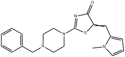 (5E)-2-(4-benzylpiperazin-1-yl)-5-[(1-methyl-1H-pyrrol-2-yl)methylidene]-1,3-thiazol-4(5H)-one 化学構造式