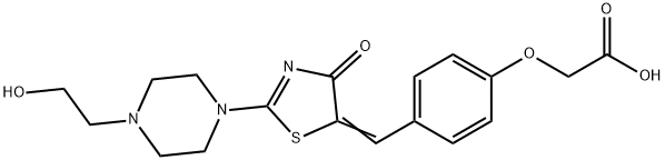 {4-[(E)-{2-[4-(2-hydroxyethyl)piperazin-1-yl]-4-oxo-1,3-thiazol-5(4H)-ylidene}methyl]phenoxy}acetic acid 化学構造式