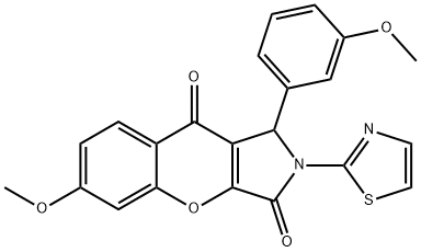 6-methoxy-1-(3-methoxyphenyl)-2-(1,3-thiazol-2-yl)-1,2-dihydrochromeno[2,3-c]pyrrole-3,9-dione,886171-17-1,结构式