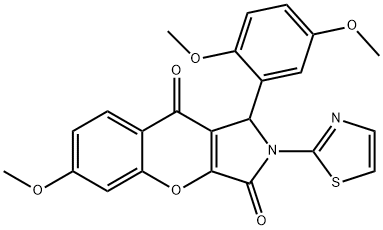 1-(2,5-dimethoxyphenyl)-6-methoxy-2-(1,3-thiazol-2-yl)-1,2-dihydrochromeno[2,3-c]pyrrole-3,9-dione,886171-93-3,结构式