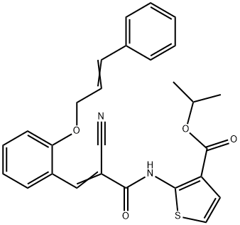 isopropyl 2-((E)-3-(2-(cinnamyloxy)phenyl)-2-cyanoacrylamido)thiophene-3-carboxylate 化学構造式