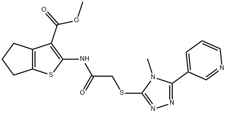 methyl 2-(2-((4-methyl-5-(pyridin-3-yl)-4H-1,2,4-triazol-3-yl)thio)acetamido)-5,6-dihydro-4H-cyclopenta[b]thiophene-3-carboxylate 化学構造式