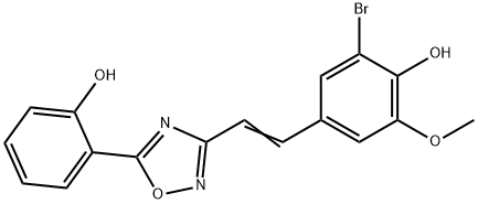 (E)-2-bromo-4-(2-(5-(2-hydroxyphenyl)-1,2,4-oxadiazol-3-yl)vinyl)-6-methoxyphenol 化学構造式