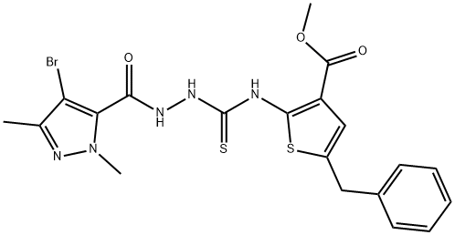 methyl 5-benzyl-2-(2-(4-bromo-1,3-dimethyl-1H-pyrazole-5-carbonyl)hydrazinecarbothioamido)thiophene-3-carboxylate Structure