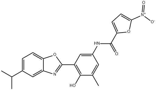 N-[4-hydroxy-3-(5-isopropyl-1,3-benzoxazol-2-yl)-5-methylphenyl]-5-nitro-2-furamide Struktur