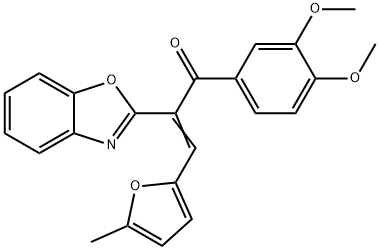 (2E)-2-(1,3-benzoxazol-2-yl)-1-(3,4-dimethoxyphenyl)-3-(5-methylfuran-2-yl)prop-2-en-1-one Struktur