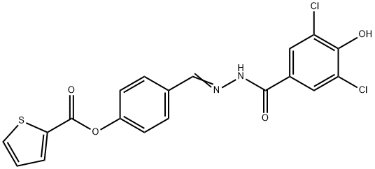 (E)-4-((2-(3,5-dichloro-4-hydroxybenzoyl)hydrazono)methyl)phenyl thiophene-2-carboxylate Struktur