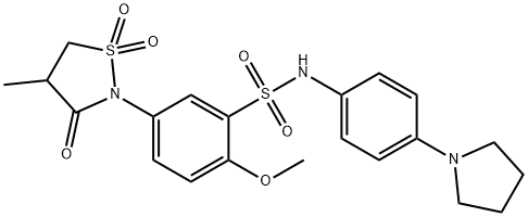 2-methoxy-5-(4-methyl-1,1-dioxido-3-oxo-1,2-thiazolidin-2-yl)-N-[4-(pyrrolidin-1-yl)phenyl]benzenesulfonamide 化学構造式