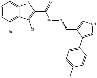 (E)-4-bromo-3-chloro-N'-((3-(p-tolyl)-1H-pyrazol-4-yl)methylene)benzo[b]thiophene-2-carbohydrazide 化学構造式