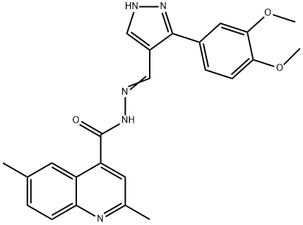 (E)-N'-((3-(3,4-dimethoxyphenyl)-1H-pyrazol-4-yl)methylene)-2,6-dimethylquinoline-4-carbohydrazide 结构式