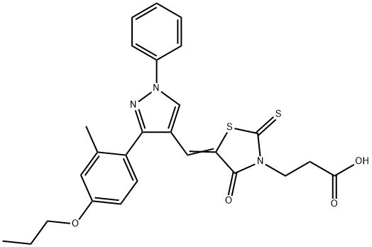 3-[(5Z)-5-{[3-(2-methyl-4-propoxyphenyl)-1-phenyl-1H-pyrazol-4-yl]methylidene}-4-oxo-2-thioxo-1,3-thiazolidin-3-yl]propanoic acid Struktur