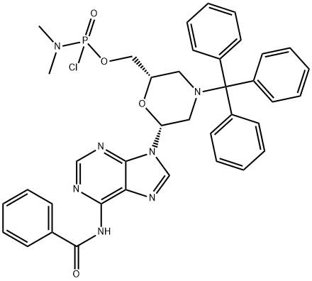 N,N-Dimethylphosphoramidochloridic acid [(2S,6R)-6-[6-(benzoylamino)-9H-purin-9-yl]-4-(triphenylmethyl)-2-morpholinyl]methyl ester Structure
