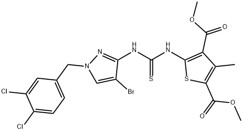 dimethyl 5-(3-(4-bromo-1-(3,4-dichlorobenzyl)-1H-pyrazol-3(2H)-ylidene)thioureido)-3-methylthiophene-2,4-dicarboxylate 化学構造式