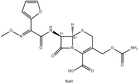 sodium (2E)-N-((6R,7R)-3-((carbamoyloxy)methyl)-2-carboxy-8-oxo-5-thia-1-azabicyclo[4.2.0]oct-2-en-7-yl)-2-(furan-2-yl)-2-(methoxyimino)acetimidate Struktur