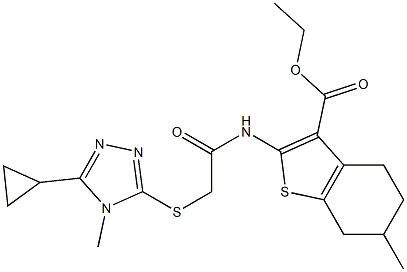 ethyl 2-(2-((5-cyclopropyl-4-methyl-4H-1,2,4-triazol-3-yl)thio)acetamido)-6-methyl-4,5,6,7-tetrahydrobenzo[b]thiophene-3-carboxylate Struktur