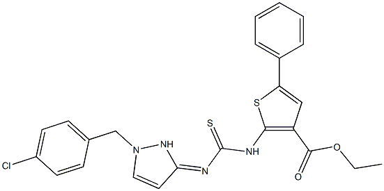 ethyl 2-(3-(1-(4-chlorobenzyl)-1H-pyrazol-3(2H)-ylidene)thioureido)-5-phenylthiophene-3-carboxylate Structure