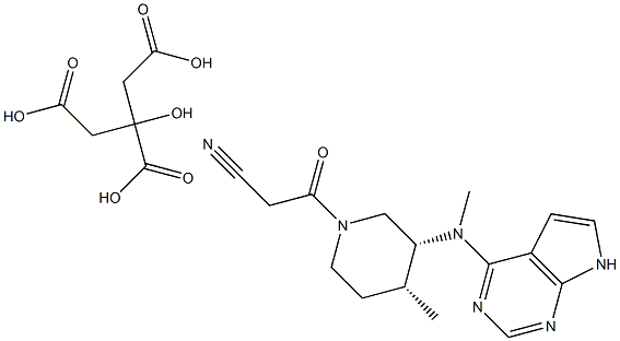 3-((3R,4R)-4-methyl-3-(methyl(7H-pyrrolo[2,3-d]pyrimidin-4-yl)amino) piperidin-1-yl)-3-oxopropanenitrile citric acid 化学構造式