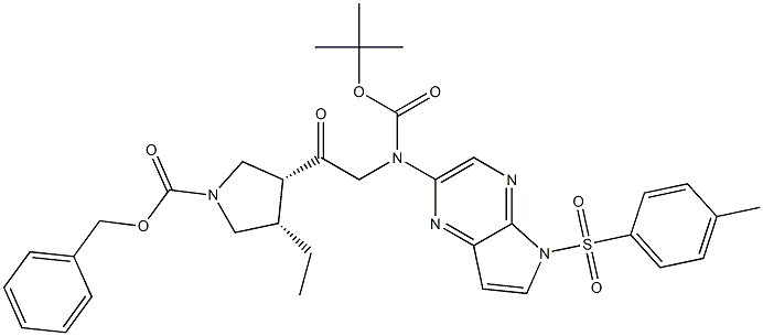 cis-benzyl 3-(2-(tert-butoxycarbonyl(5-tosyl-5H-pyrrolo[2,3-b]pyrazin-2-yl)amino)acetyl)-4-ethylpyrrolidine-1-carboxylate 结构式