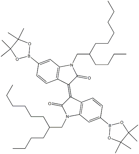 (E)-1,1'-bis(2-butyloctyl)-6,6'-bis(4,4,5,5-tetramethyl-1,3,2-dioxaborolan-2-yl)-[3,3'-biindolinylidene]-2,2'-dione Struktur