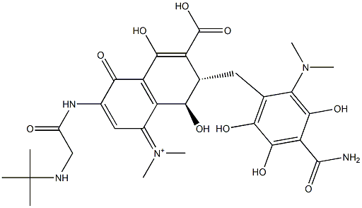 (7S,8R)-3-[2-(tert-butylamino)acetamido]-7-[[4-carbamoyl-2-(dimethylamino)-3,5,6-trihydroxyphenyl]methyl]-6-carboxy-5,8-dihydroxy-N,N-dimethyl-4-oxo-7,8-dihydronaphthalen-1(4H)-iminium Struktur