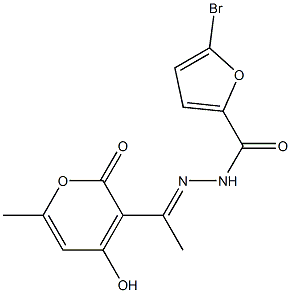 (E)-5-bromo-N'-(1-(4-hydroxy-6-methyl-2-oxo-2H-pyran-3-yl)ethylidene)furan-2-carbohydrazide 化学構造式