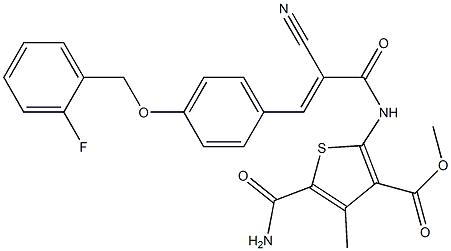 (E)-methyl 5-carbamoyl-2-(2-cyano-3-(4-((2-fluorobenzyl)oxy)phenyl)acrylamido)-4-methylthiophene-3-carboxylate Struktur