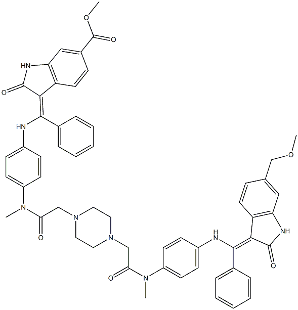 methyl (Z)-3-(((4-(2-(4-(2-((4-((((Z)-6-(methoxymethyl)-2-oxoindolin-3-ylidene)(phenyl)methyl)amino)phenyl)(methyl)amino)-2-oxoethyl)piperazin-1-yl)-N-methylacetamido)phenyl)amino)(phenyl)methylene)-2-oxoindoline-6-carboxylate