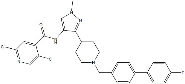 2,5-dichloro-N-(3-(1-((4'-fluoro-[1,1'-biphenyl]-4-yl)methyl)piperidin-4-yl)-1-methyl-1H-pyrazol-4-yl)isonicotinamide Struktur
