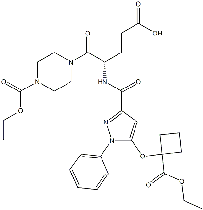 (4S)-4-({5-[1-(ethoxycarbonyl)cyclobutoxy]-1-phenyl-1H-pyrazol-3-yl}formamido)-5-[4-(ethoxycarbonyl)piperazin-1-yl]-5-oxopentanoic acid 化学構造式