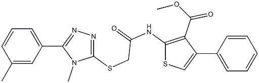 methyl 2-(2-((4-methyl-5-(m-tolyl)-4H-1,2,4-triazol-3-yl)thio)acetamido)-4-phenylthiophene-3-carboxylate Struktur