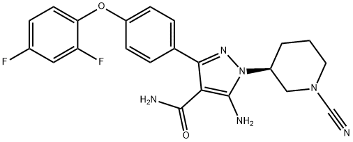 (R)-5-Amino-1-(1-cyanopiperidin-3-yl)-3-(4-[2,4-difluorophenoxy]phenyl)-1H-pyrazole-4-carboxamide 结构式